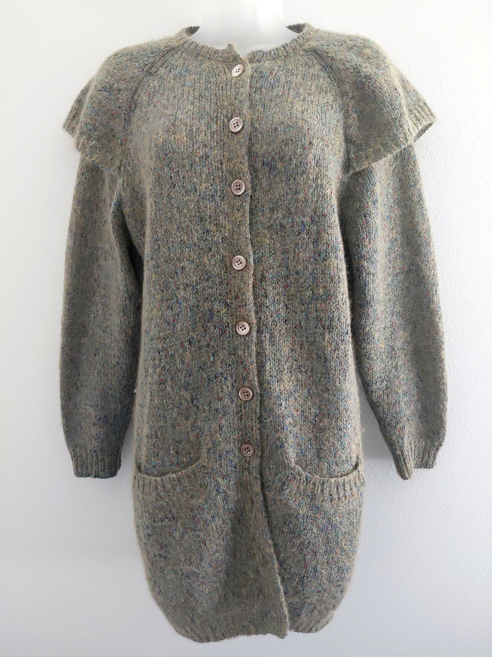VTG Cardigan Sweater Western Shawl Collar Mohair Wool Confetti Speckled Longline